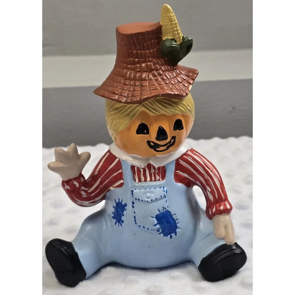 Vintage Halloween Scarecrow Figurine Pumpkin Face Ceramic Painted Mold 80s Decor